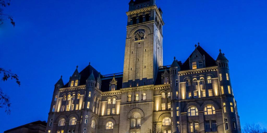 Washington DC, USA - December 29, 2016: Trump International Hotel and the Old Post Office Tower during blue hour at night